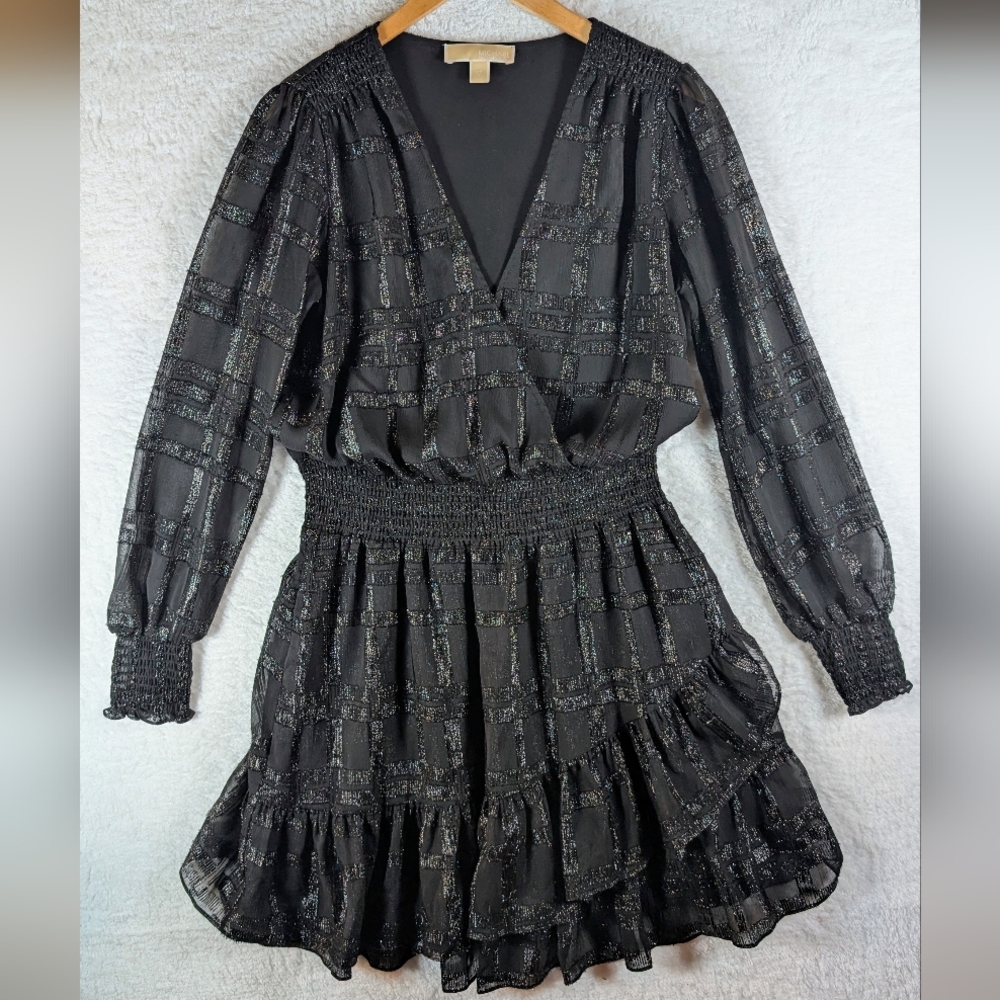 Michael Kors Black Long Sleeve Smocked Waist Tiered Mini Dress